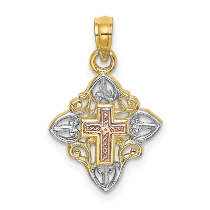 14k Two-tone Gold White Rhodium Cross Inside Frame Charm Pendant