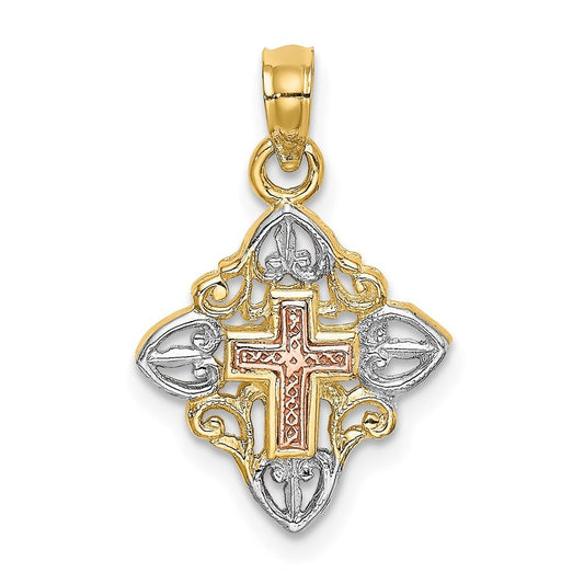 14k Two-tone Gold White Rhodium Cross Inside Frame Charm Pendant