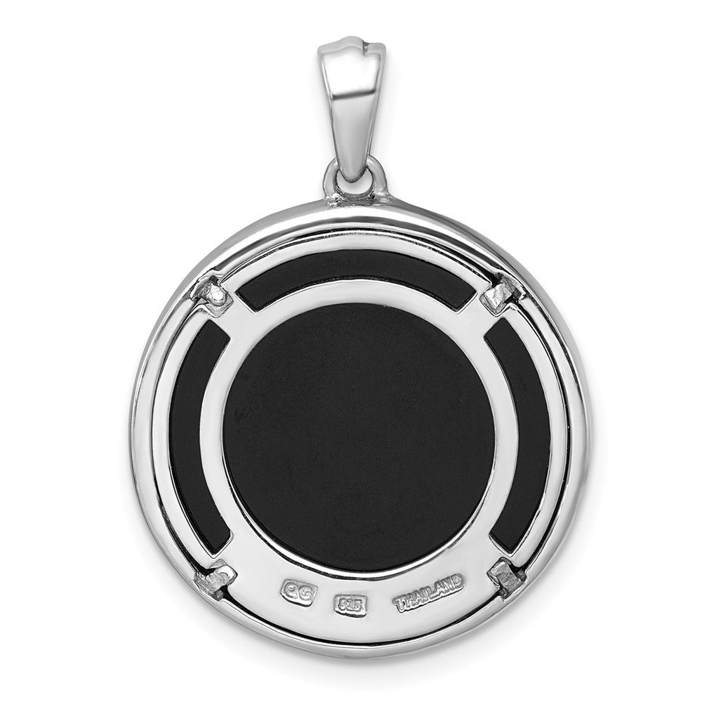 Sterling Silver Polished Onyx Circle and Cubic Zirconia Leaves Pendant