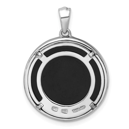 Sterling Silver Polished Onyx Circle and Cubic Zirconia Leaves Pendant