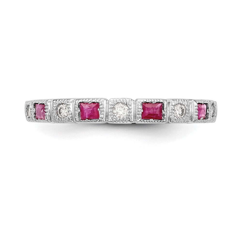 14k White Gold 1/10 carat Diamond and Ruby Complete Band Size 7