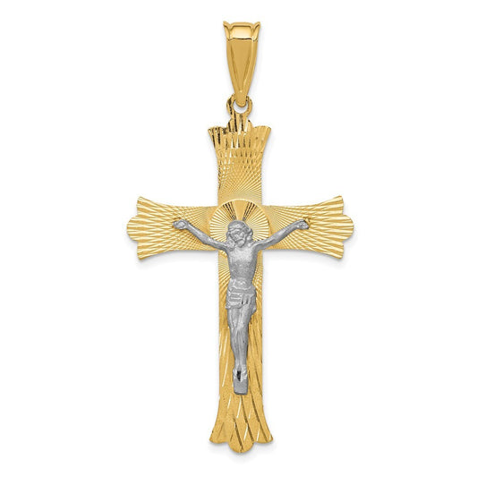 14k Two-tone Gold Polished Satin Diamond-Cut Crucifix Cross Pendant for Women