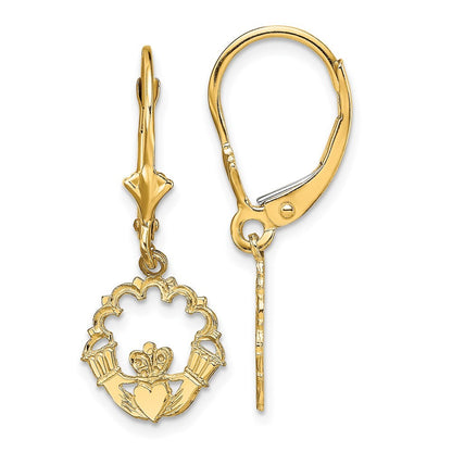 14k Yellow Gold Polished Claddagh Drop Dangle Earrings