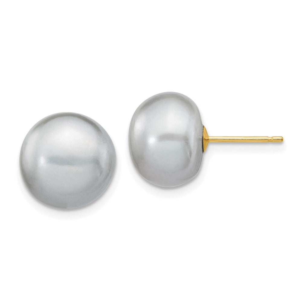 14k Yellow Gold 10-11mm Grey Button Freshwater Cultured Pearl Stud Earrings