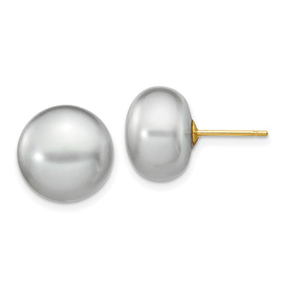 14k Yellow Gold 11-12mm Grey Button Freshwater Cultured Pearl Stud Post Earrings