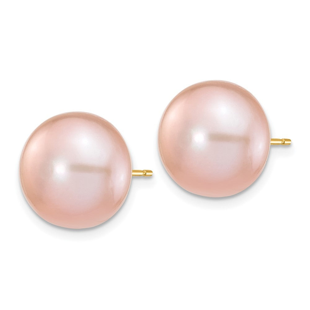 14k Yellow Gold 11-12mm Purple Button Freshwater Cultured Pearl Stud Earrings