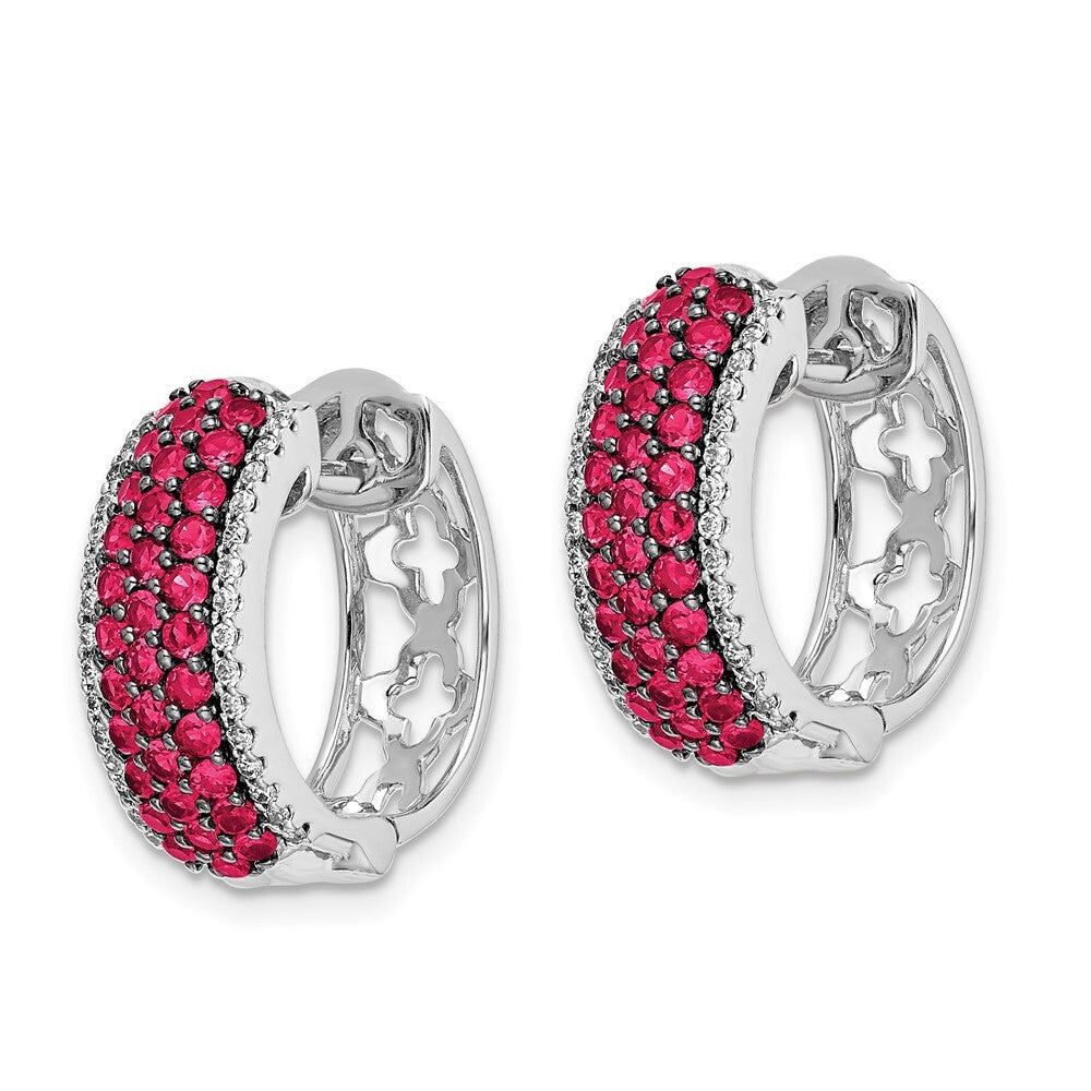 14k White Gold Diamond and Ruby Hinged Hoop Earrings