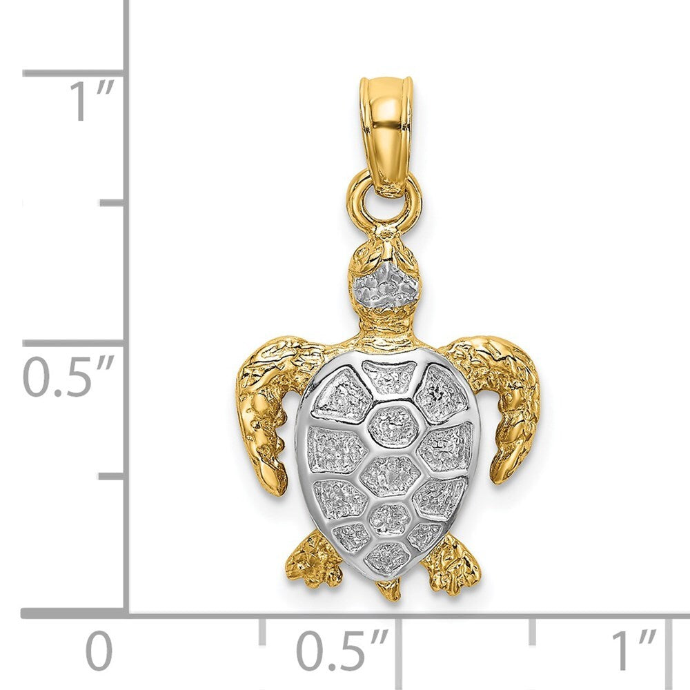 14k Yellow Gold with White Rhodium Swimming Sea Turtle Charm Pendant for Women