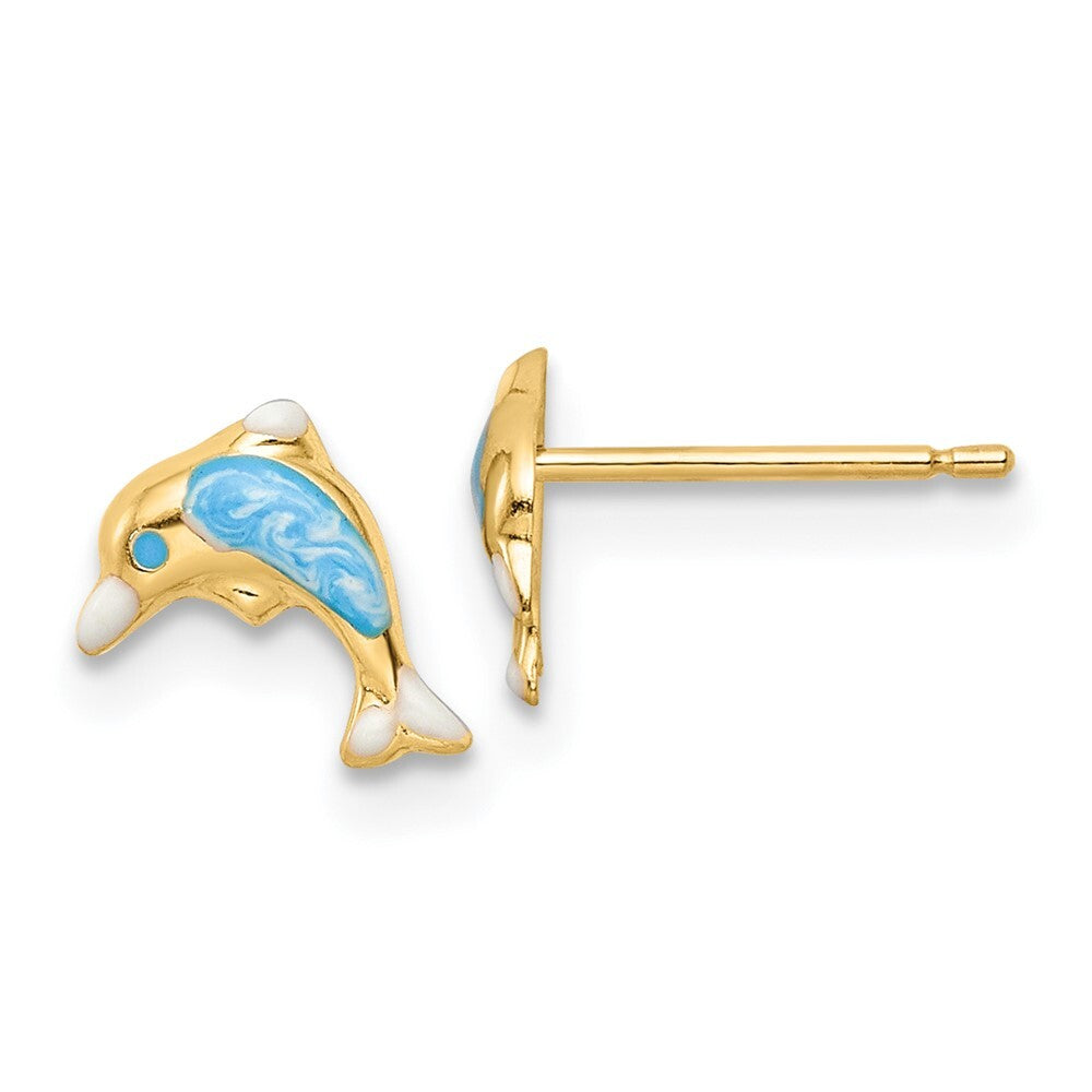 14k Yellow Gold Polished Enameled Dolphin Stud Earrings Gift for Women