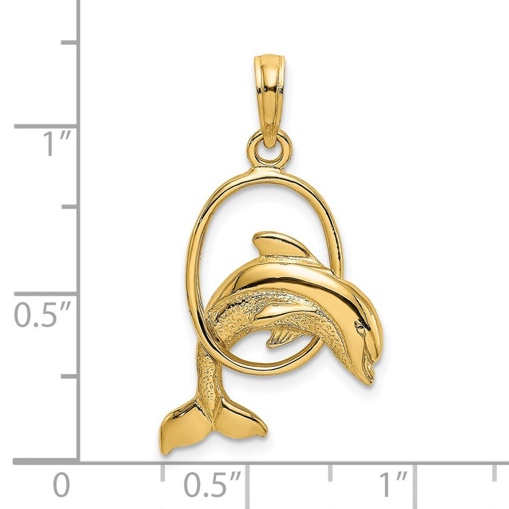 14k Yellow Gold Polished Dolphin Jumping Through Hoop Charm Pendant for Women