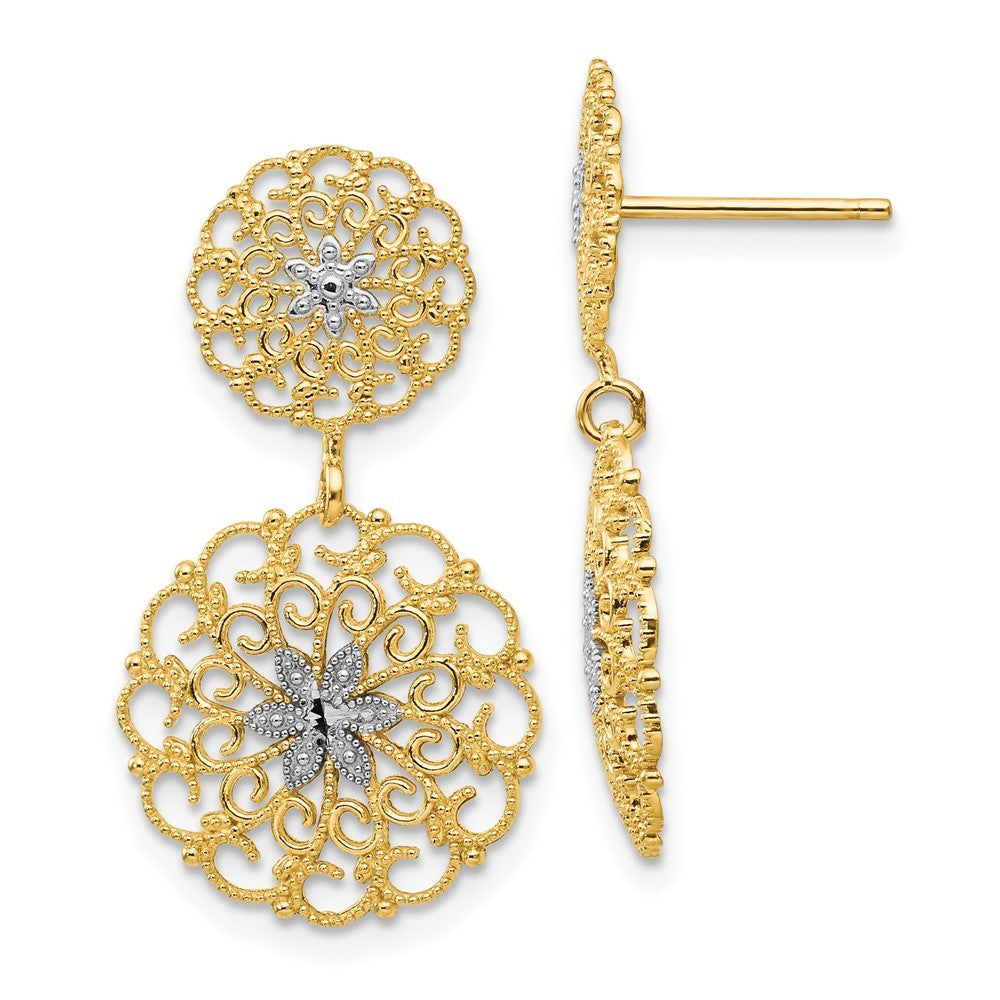 14k Yellow Gold w/Rhodium Diamond-Cut Filigree Medallion Drop Earrings