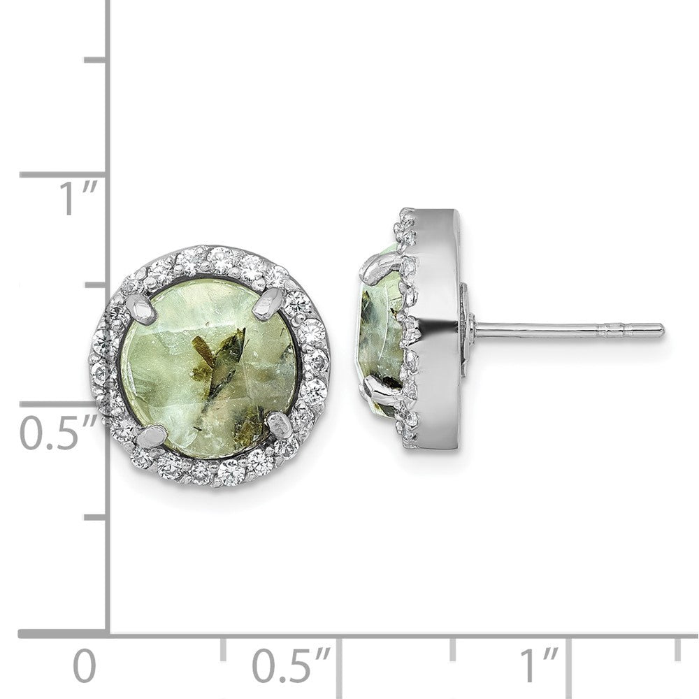 Sterling Silver Polished CZ Halo and Faceted Prehnite Circle Earrings