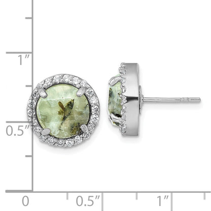Sterling Silver Polished CZ Halo and Faceted Prehnite Circle Earrings