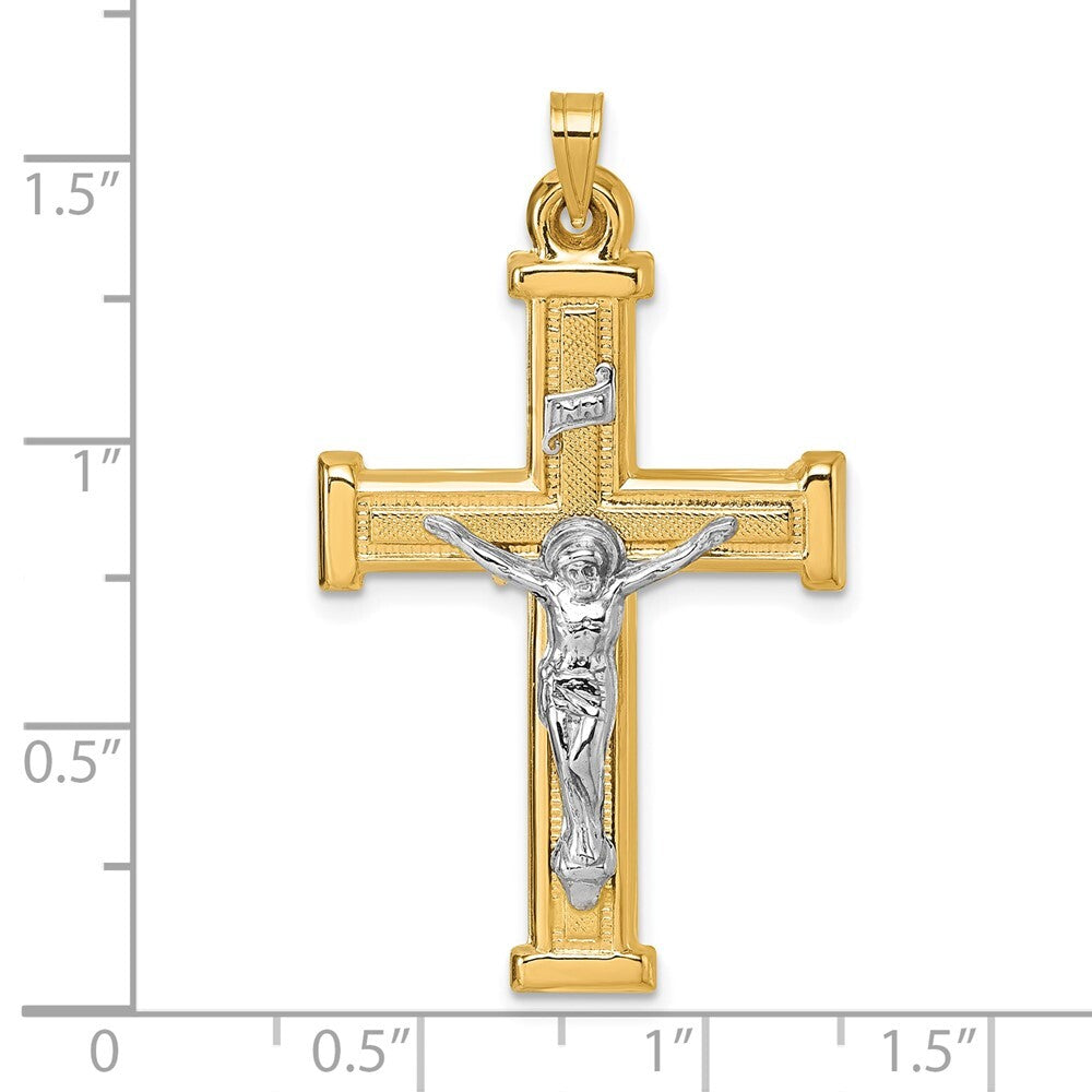 14k Yellow Gold with White Rhodium Polished INRI Crucifix Cross Pendant