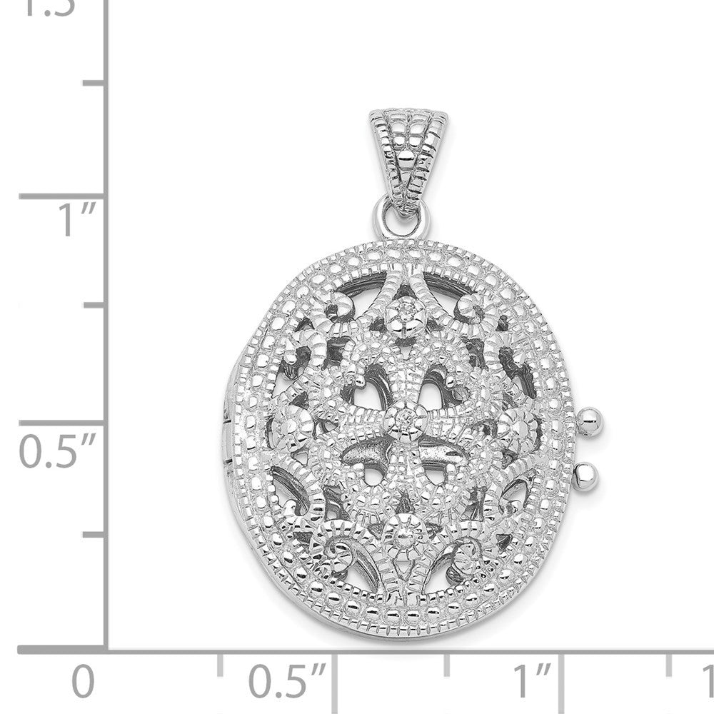 Sterling Silver Rhodium-plated Cubic Zirconia Fancy Filigree Oval 22mm Locket
