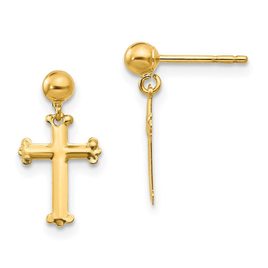 14k Yellow Gold Cross Dangle Earrings Gift for Women