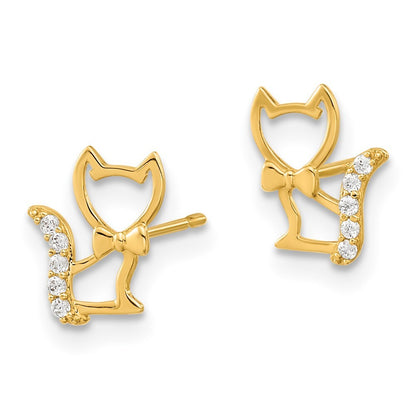 14k Yellow Gold Childrens Kitten Cubic Zirconia Tail Stud Earrings