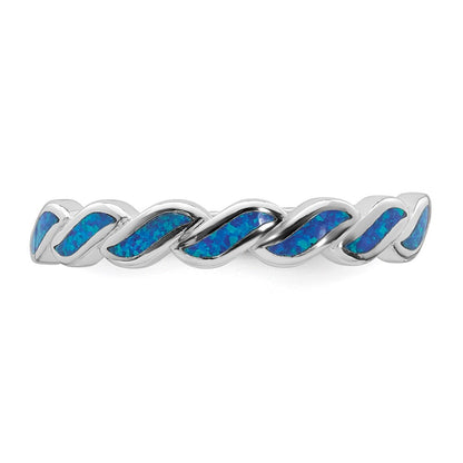 Sterling Silver Rhodium-plated Polished Blue Created Opal Wave Ring Size 8