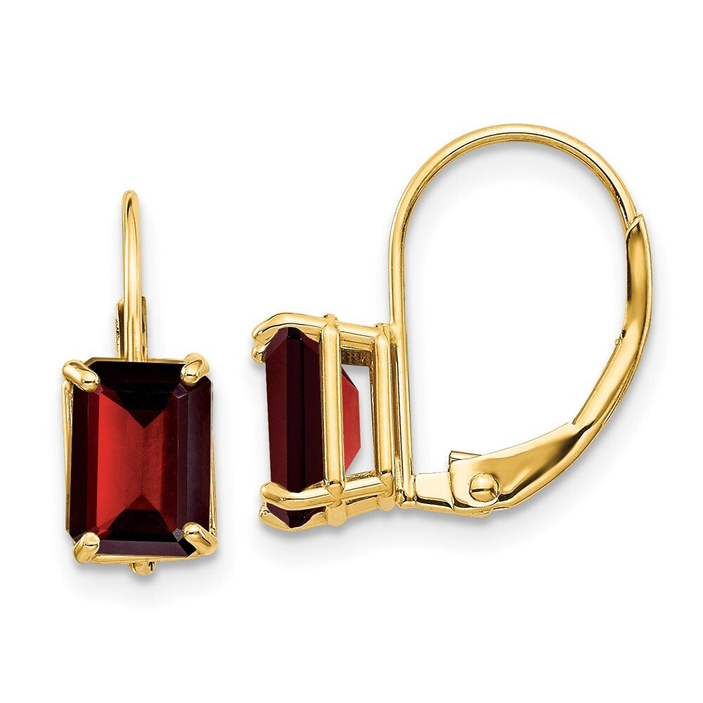 14k Yellow Gold 7x5mm Emerald Cut Garnet Dangle Earrings Leverback