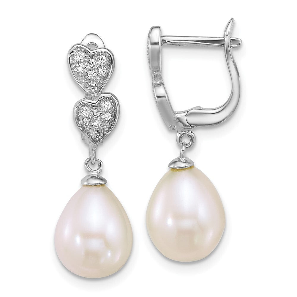 Sterling Silver Teardrop Cultured Pearl Cubic Zirconia Hearts Dangle Earrings