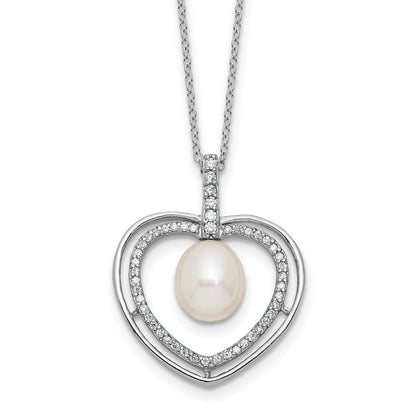 Sterling Silver 8mm Rice Freshwater Cultured Pearl & CZ Open Heart 17" Necklace