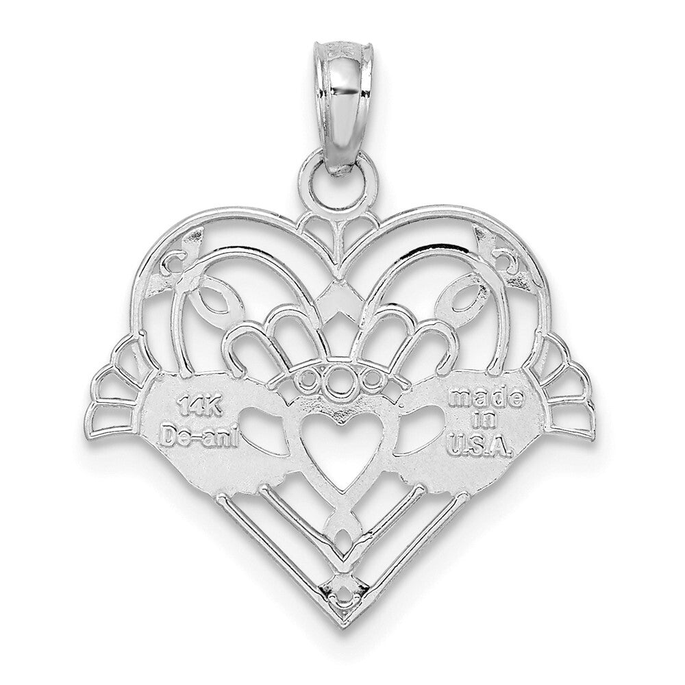 14k White Gold Polished and Beaded Claddagh In Heart Charm Pendant for Women