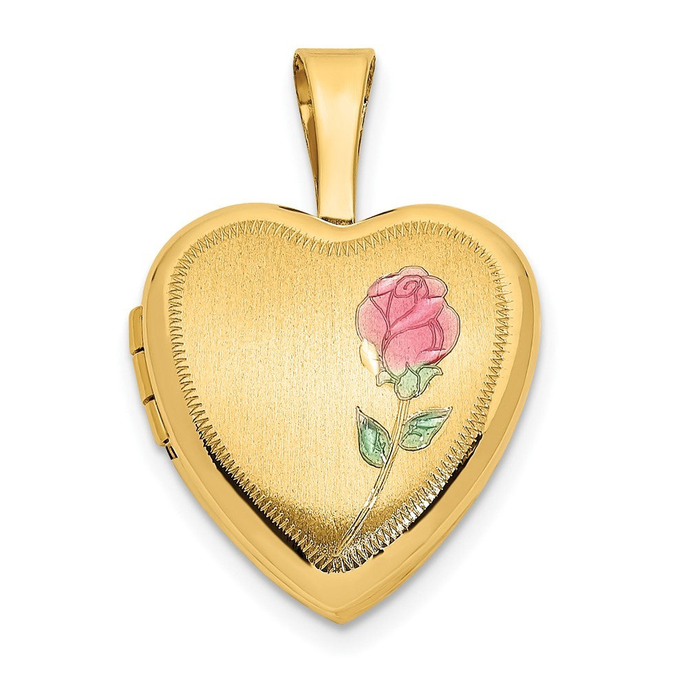14k Yellow Gold Satin with Pink and Green Enamel Rose 12mm Heart Locket
