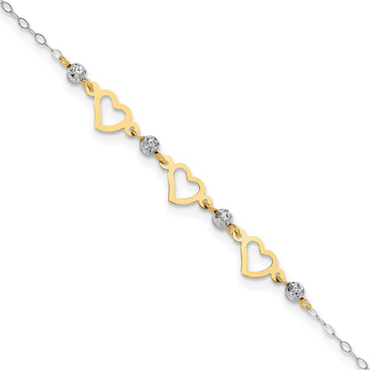 14K Two-tone Three Hearts and Diamond-cut Beads 10" Anklet