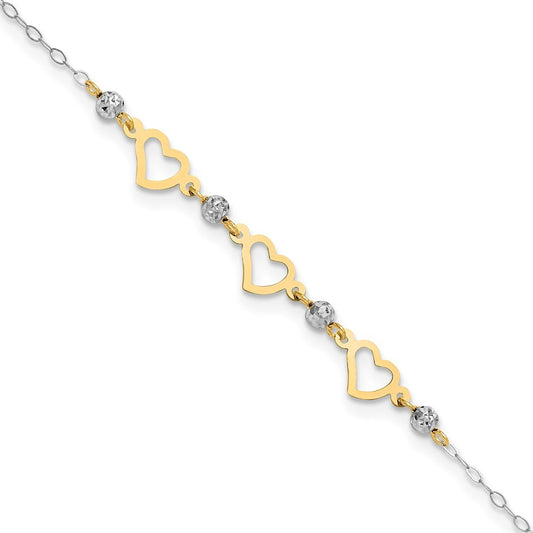 14K Two-tone Three Hearts and Diamond-cut Beads 10" Anklet