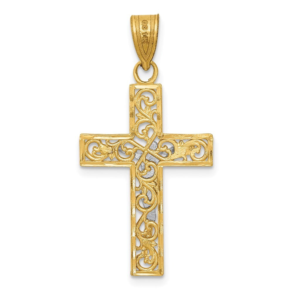 14k Two-tone Gold Diamond-Cut Small Block Filigree Crucifix Pendant for Women