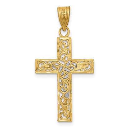 14k Two-tone Gold Diamond-Cut Small Block Filigree Crucifix Pendant for Women