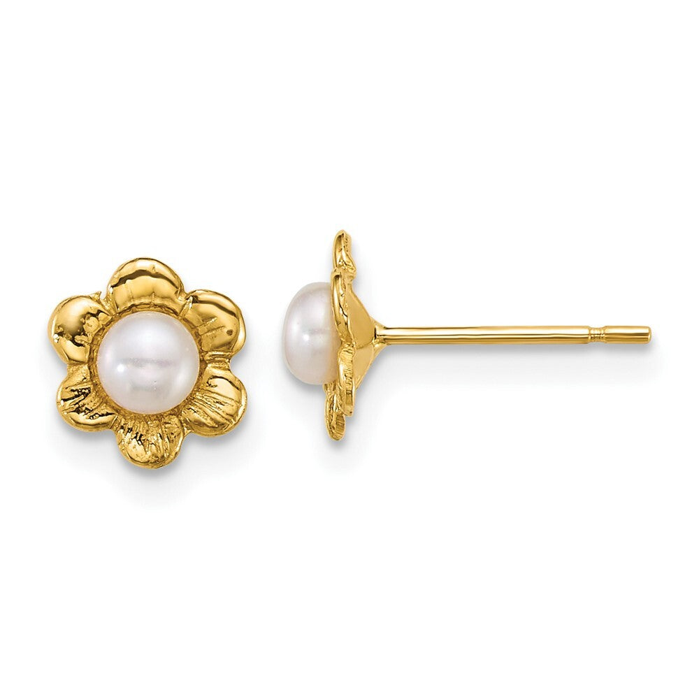 14k Yellow Gold 3-4mm Button Freshwater Cultured Pearl Flower Stud Earrings