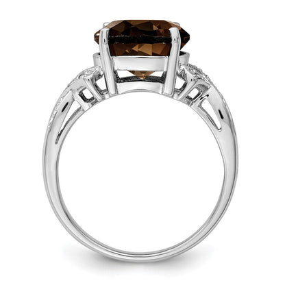 Sterling Silver Rhodium Smoky Quartz Diamond Ring Size 6