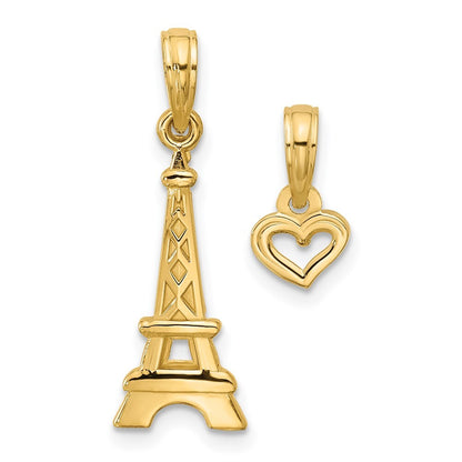 14k Yellow Gold Polished and Satin Eiffel Tower with Heart Pendant for Women