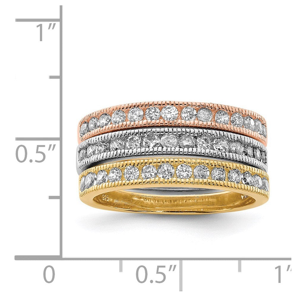 Sterling Silver Vermeil Polished Trio Cubic Zirconia Rings Size 7