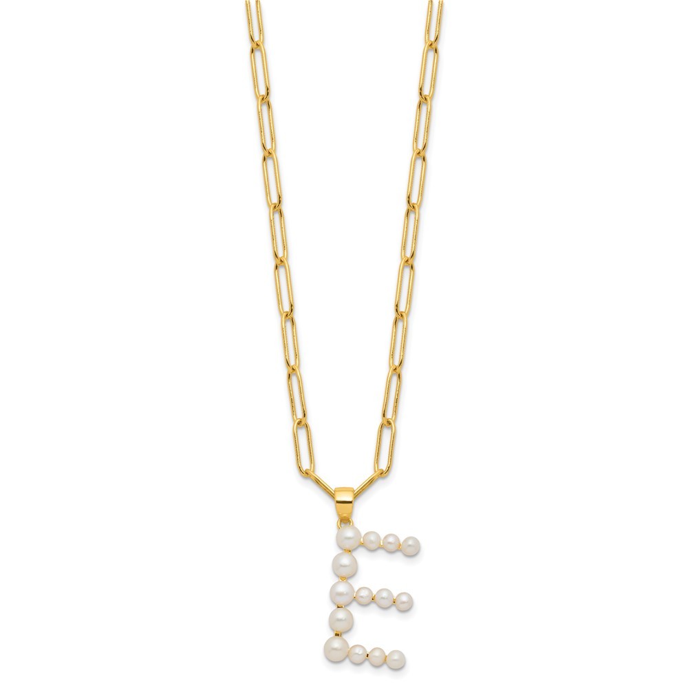 Sterling Silver 3-6mm White Button Cultured Pearl LETTER E Necklace 18"