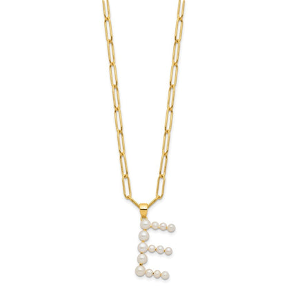Sterling Silver 3-6mm White Button Cultured Pearl LETTER E Necklace 18"