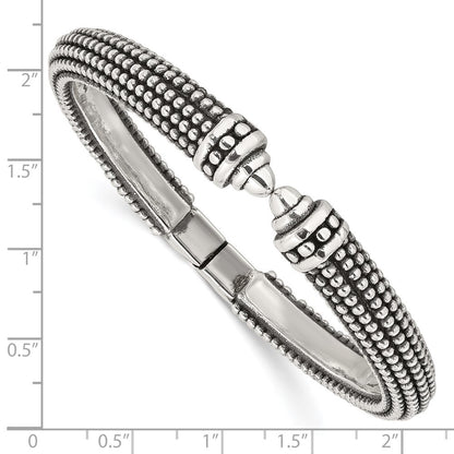 Sterling Silver Polished and Antiqued Beaded Hinged Bangle Bracelet