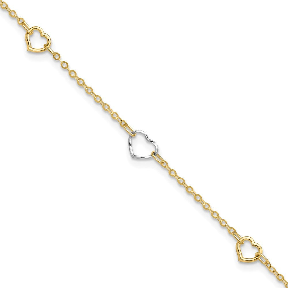 14K Two-tone Polished Open Hearts 5-Station 10" Anklet