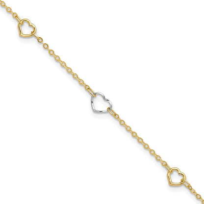 14K Two-tone Polished Open Hearts 5-Station 10" Anklet