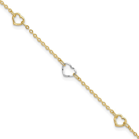 14K Two-tone Polished Open Hearts 5-Station 10" Anklet