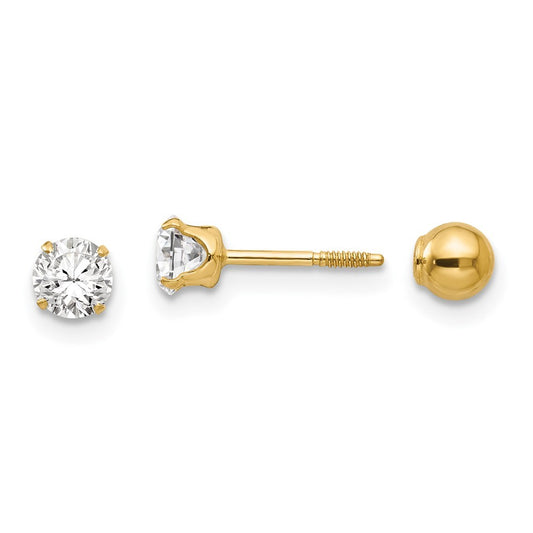 14k Yellow Gold Polished Reversible CZ & 4mm Ball Earrings