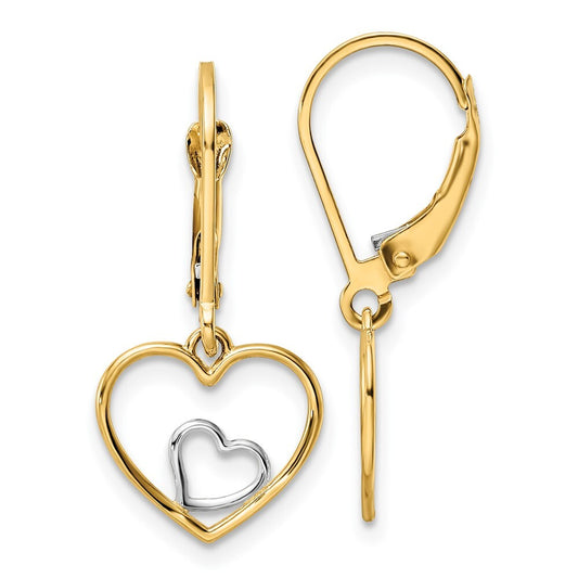 14k Yellow Gold Rhodium Heart in Heart Leverback Dangle Earrings