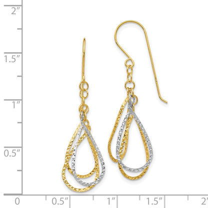 14K Two-tone Diamond Cut Tear Drop Drop Dangle Earrings w/ Shepherd Hook