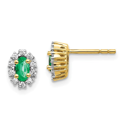 14k Yellow Gold 1/5Ct Diamond and Emerald Oval Halo Stud Earrings