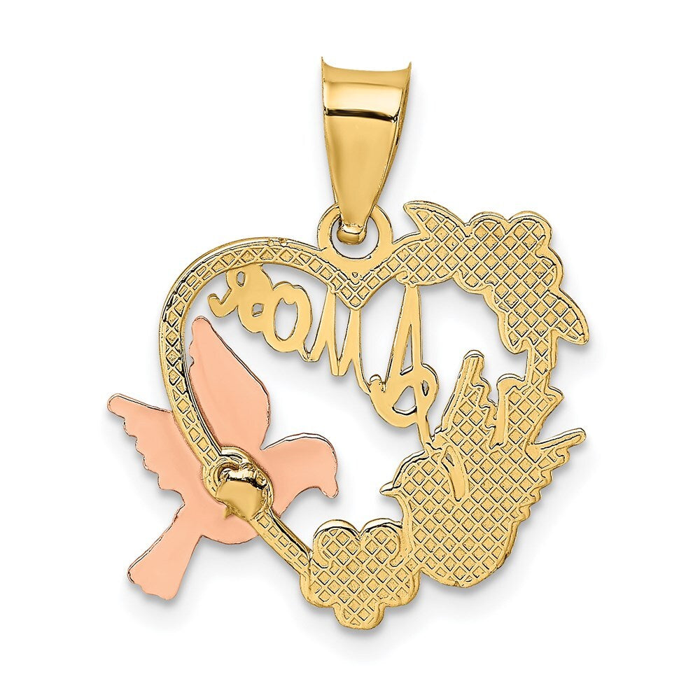 14k Two-tone Gold White Rhodium AMOR Heart Doves Charm Pendant