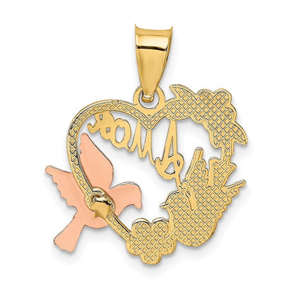 14k Two-tone Gold White Rhodium AMOR Heart Doves Charm Pendant
