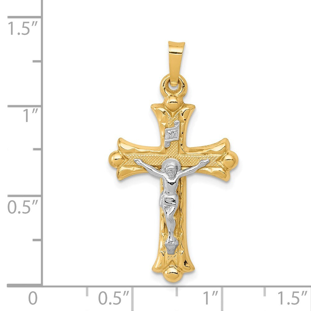 14k Two-tone Gold Textured and Polished INRI Crucifix Cross Pendant