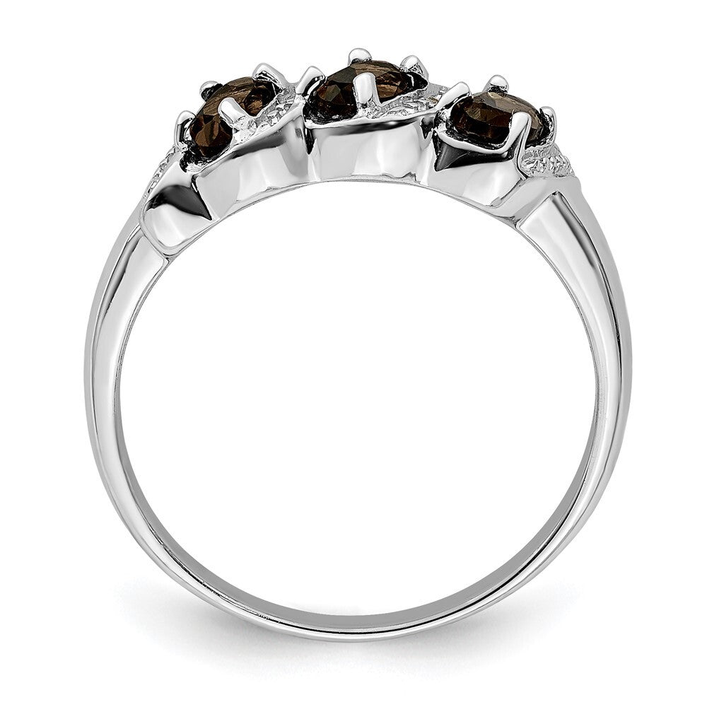 Sterling Silver Rhodium 3 Stone Smoky Quartz & Diamond Ring Size 7
