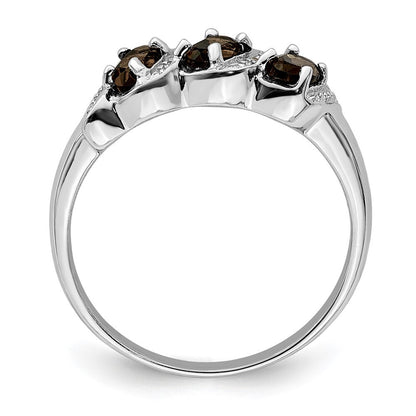 Sterling Silver Rhodium 3 Stone Smoky Quartz & Diamond Ring Size 7